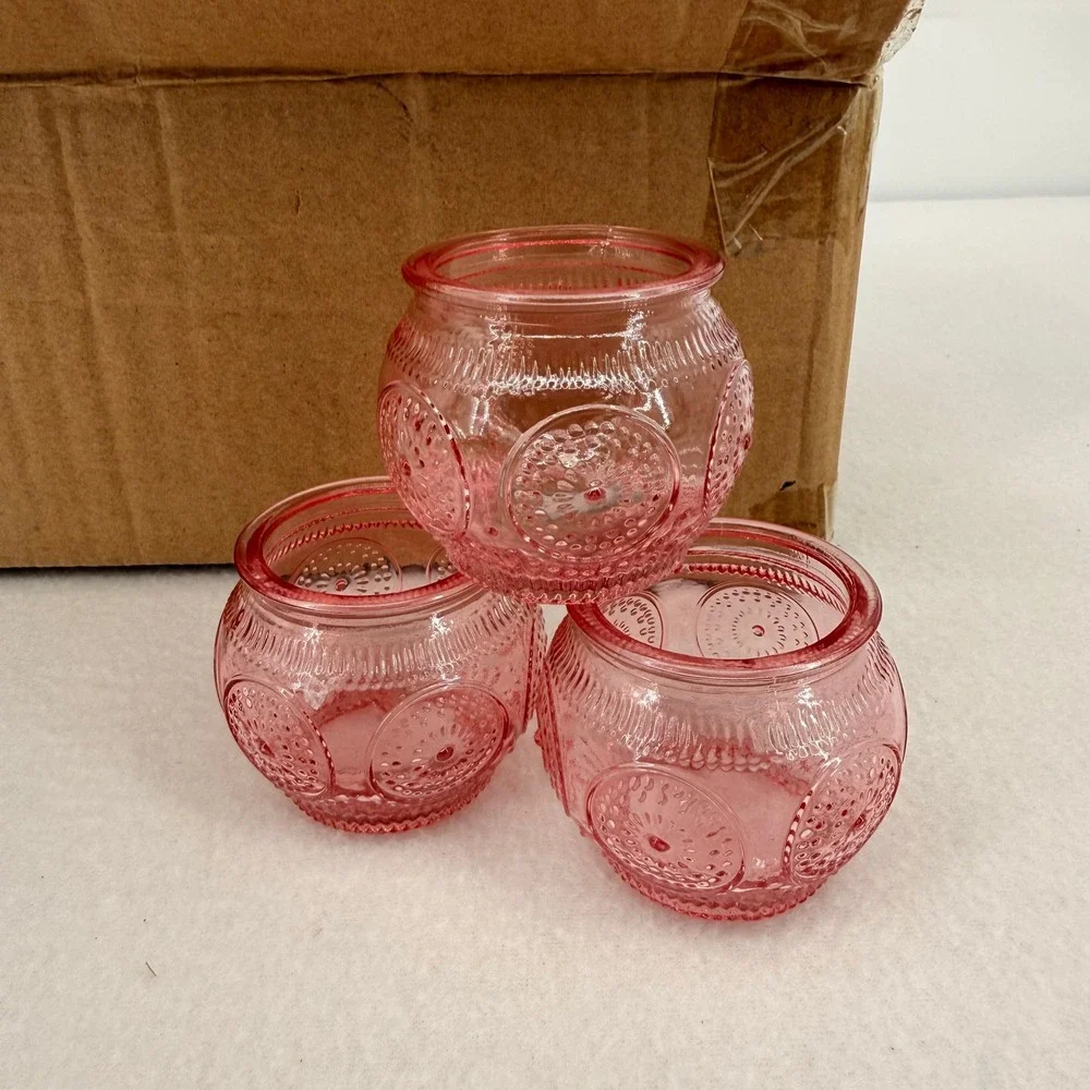 12 Pack Pink Embossed Glass Votive Candle Holders Vintage Hobnail Wedding Decor